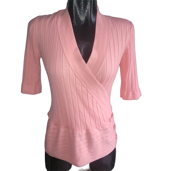 Le Chateau Light Pink Ribbed Wrap Short Sleeve Top L - Picture 1 of 7